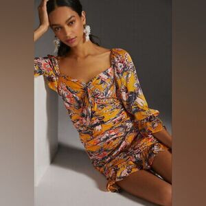 Anthropologie Ranna Gill Ruched Floral Minu Ruffle Yellow Puff Sleeve Size M